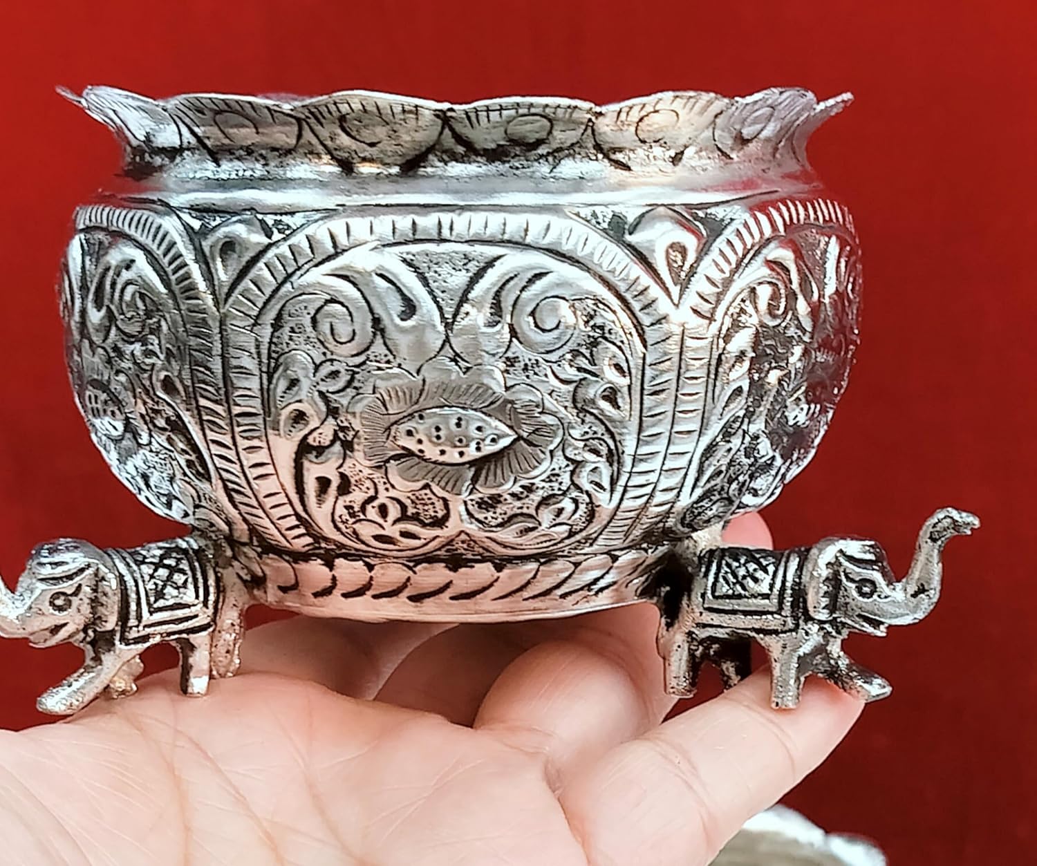 indiancraftsbykanika German silver antique bowl with elephant legs, 1 piece for gift item/snacks/sweets/fruits
